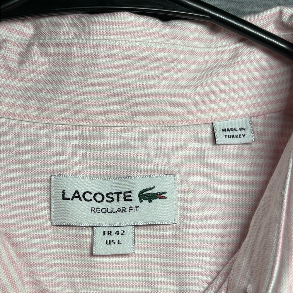 Lacoste Mens L Pink White Stripe Button Down Shirt Regular Fit Crocodile Logo - Picture 4 of 11